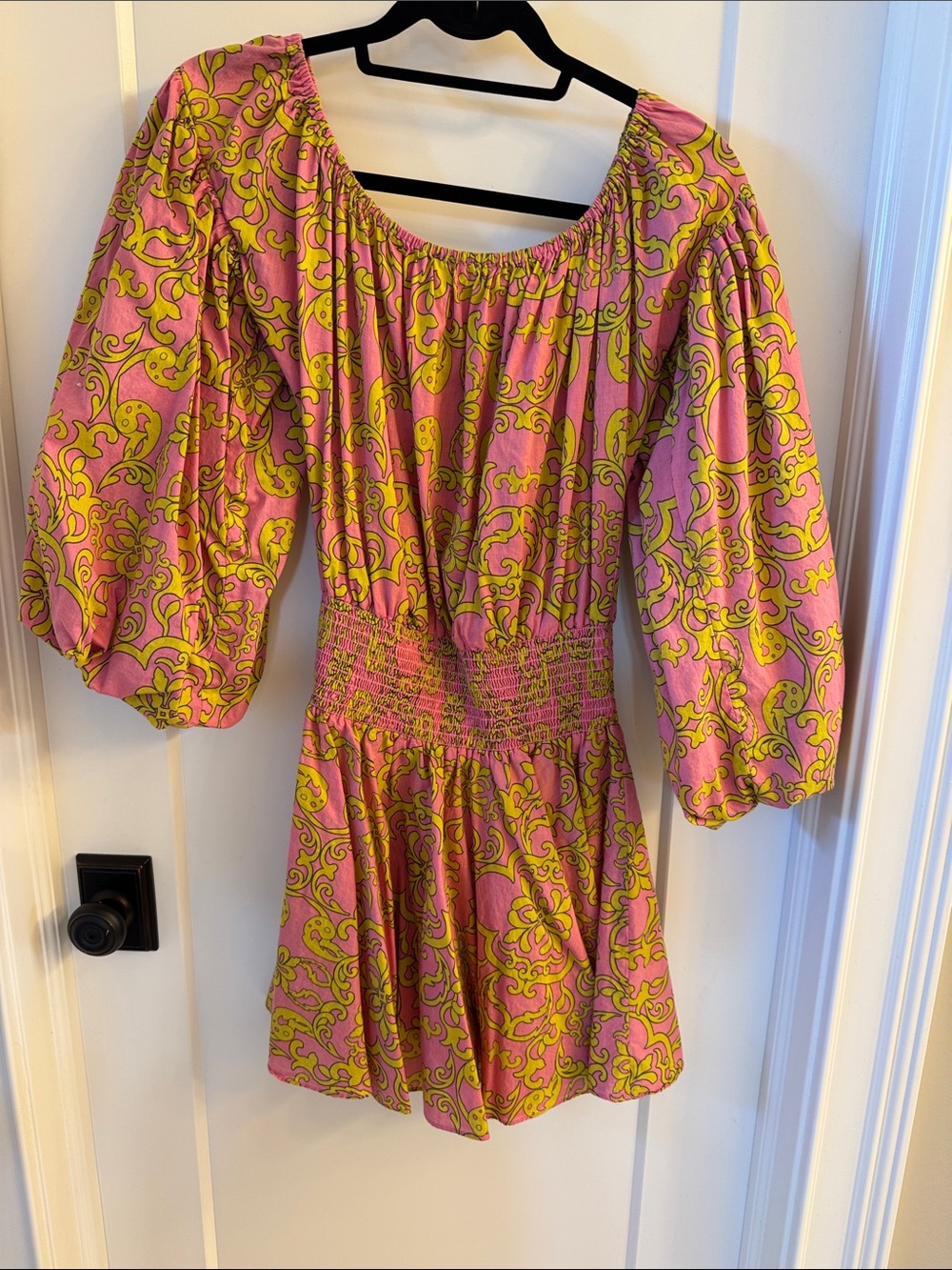 MISA Pink and Yellow Printed Smocked Waist Dress, Medium